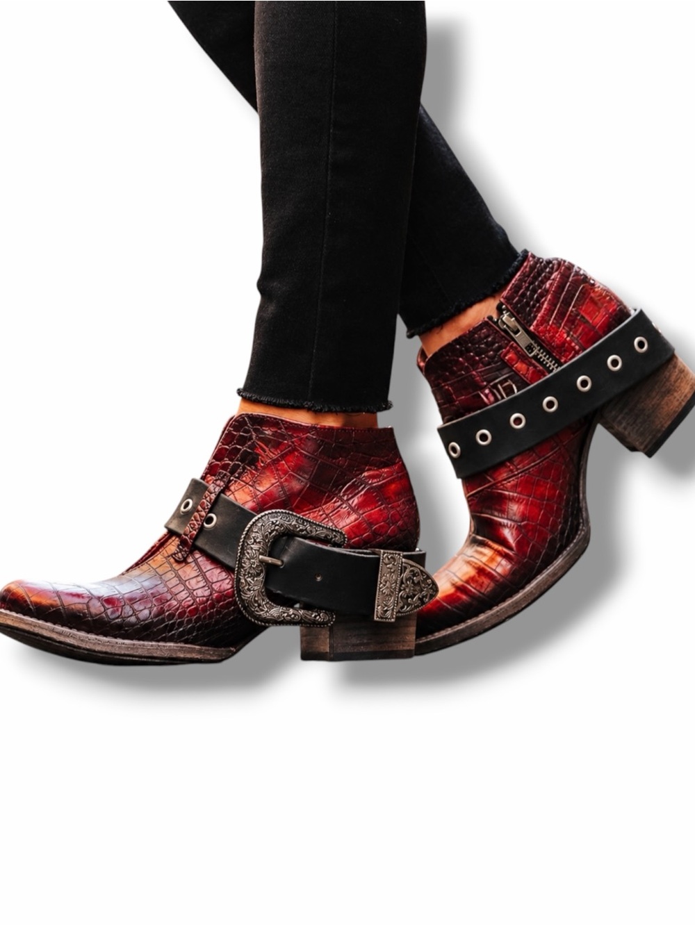 Freebird by Steven Saloon Red Croco Leather Western Ankle Booties Size 8